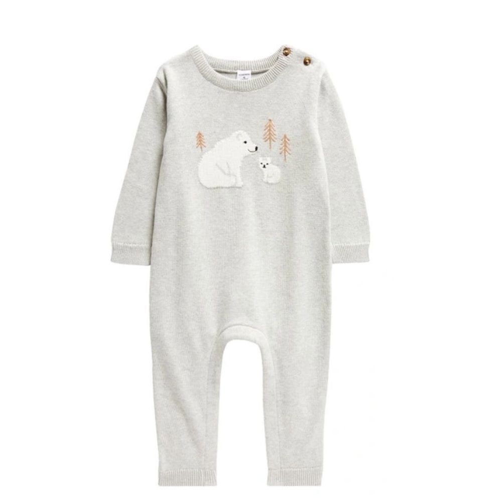 Nordstrom Babies’ Cozy Cotton Intarsia Heather Gray Sweater Bear Romper New! - Picture 1 of 6